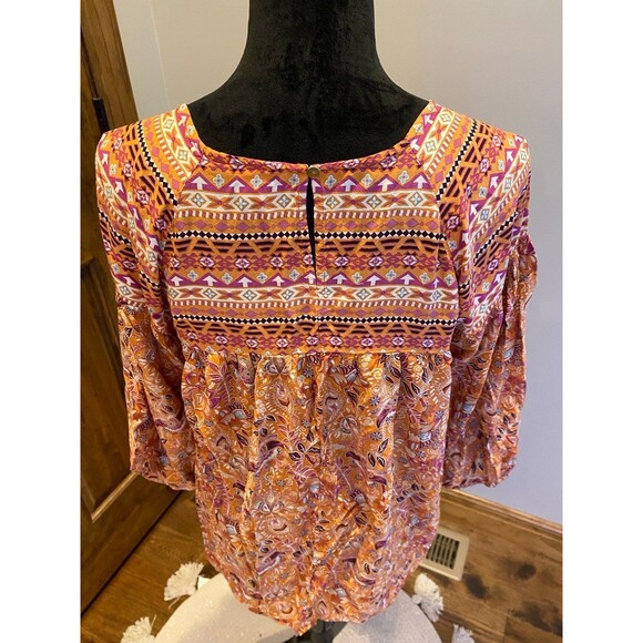 Cato Boho Blouse Plus Size 14 16 Top Orange Pink Peasant Hippie Top 3/4 Sleeve - Picture 6 of 10